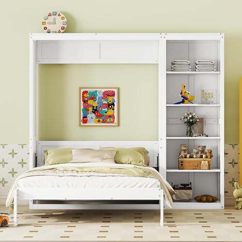 Merax Queen Size Murphy Bed Wall Bed with Storage Shelves, Multifunctional Foldable Platform Bed Frame, Fold into The Wall, Space-Saving Design Bed for Guest-Room, Home, Office, White