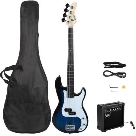 Glarry Right-Hand Bass Guitar Kit with Amplifier for Student, Blue, Size: 34