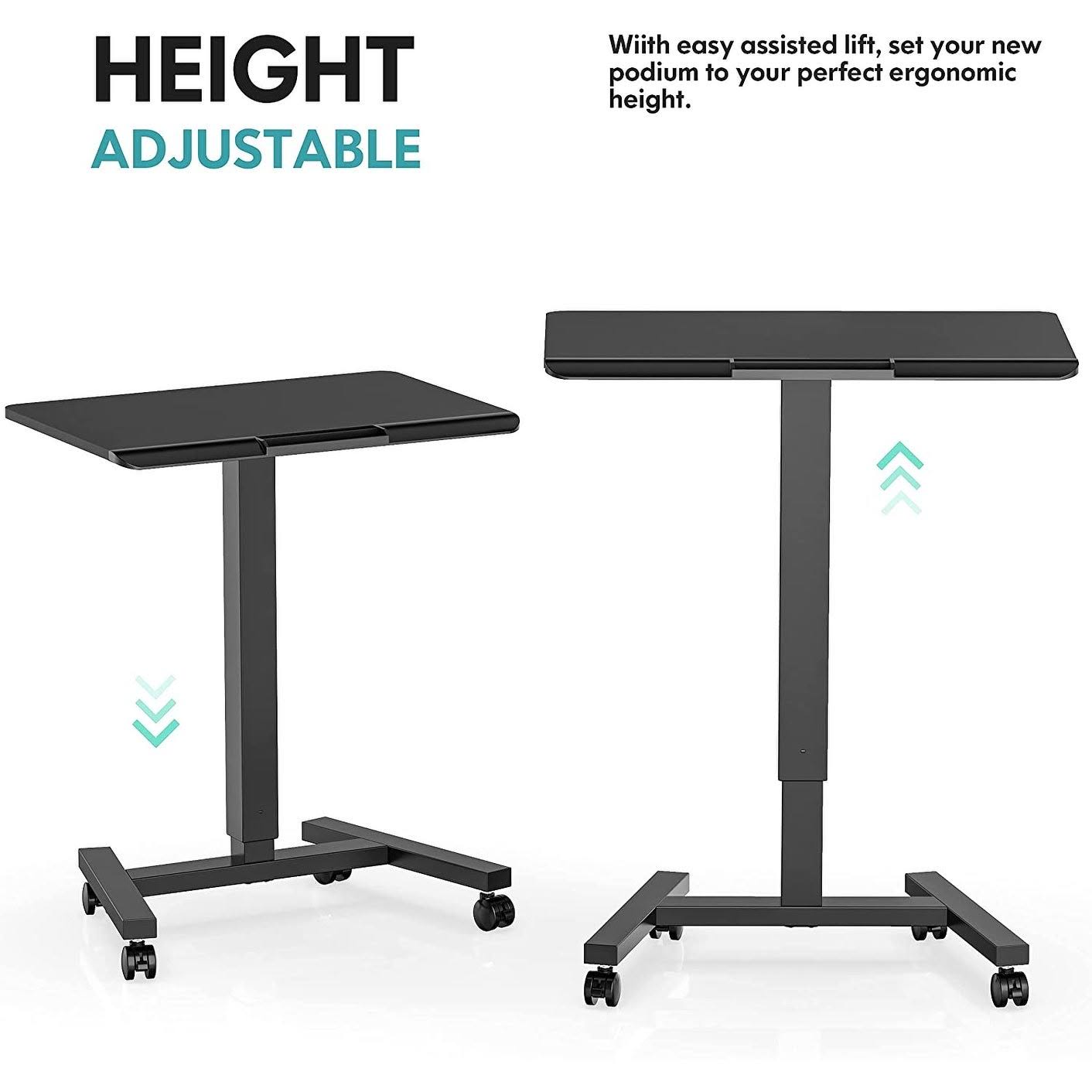 Mobile Laptop Desk Cart Rolling Sit to Stand Adjustable Height - Black