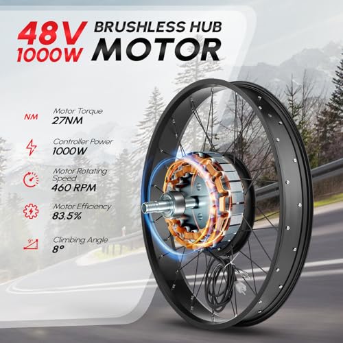 PEXMOR Electric Bike Conversion Kit, 48V 1000W 26" Fat Front Wheel E-Bike Conversion Kit, Ebike Hub Motor Kit Upgrade 3 Mode Controller w/PAS/LCD Display/Twist Throttle Bicycle Ebike Wheel Kit