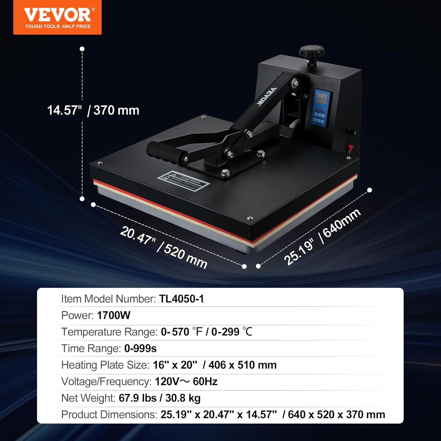 VEVOR Heat Press Machine, 16 x 20 in / 40 x 51 cm, Clamshell Sublimation Transfer Printer Teflon Coated, Digital Precise Heat Control, Silica-Gel Sponge Powerpress for T-Shirt Bag Pad Pillow