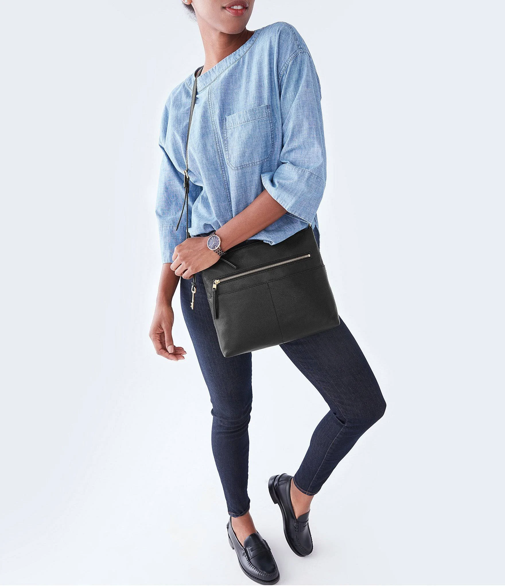 Fossil Fiona Large Crossbody Bag - Black/Gold