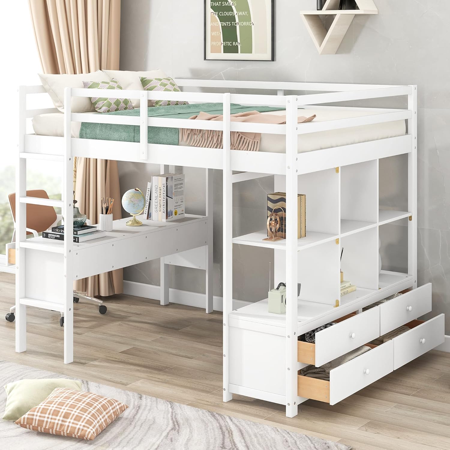 Full Size Loft Bed with Built-in Desk, 2 Drawers and Storage Shelves, Wooden FullLoft Bed Frame with Guardrails for Kids Teens Adults, White