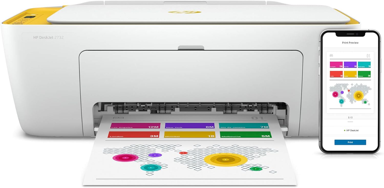 HP DeskJet 2732 Wireless All-in-One Compact Color Inkjet Printer - Instant Ink Ready, Marigold 5AR85A (Renewed) Pack of 2