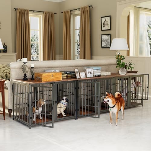 Heavy Duty Dog Crate Furniture: 84inch Wooden Dog Crates End Table Kennel with Three Doors and Removable Tray - Extra Large Puppy Indoor Training Playpen House Decorative Side Table Cage Rustic Brown