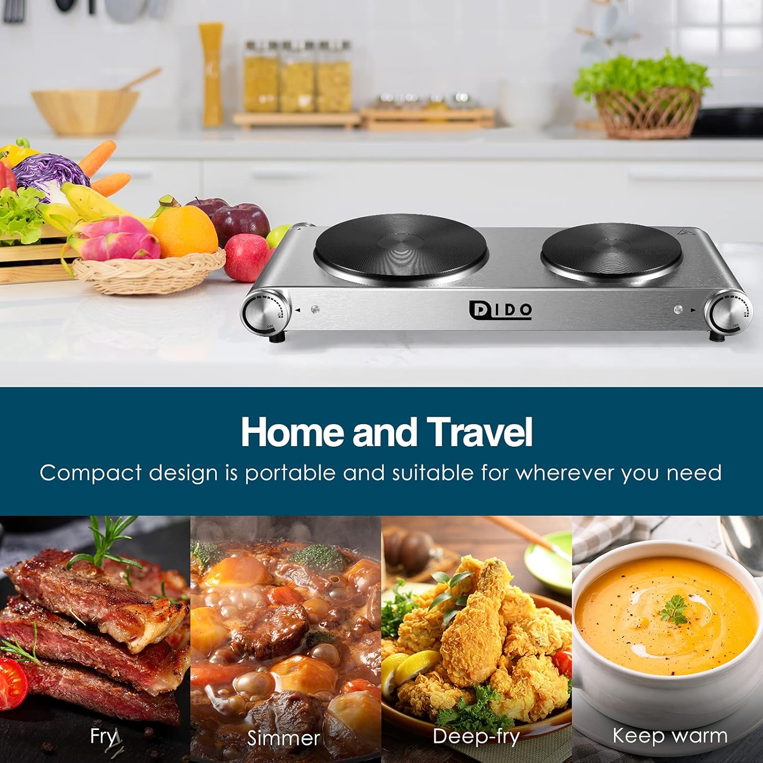 DIDO 1800W Hot Plate, Portable Electric Stove Countertop Cast-Iron Double Burner with Adjustable Temperature& Anti-Slip Feet, Stainless Steel Cooktop for Home/Camp/RV, Compatible for All Cookwares