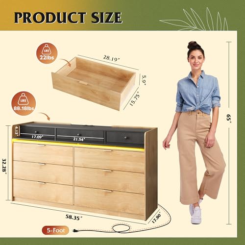WLIVE 9 Drawer Dressers, Modern Large Wood Dresser Chest for Bedroom Organize with Sturdy Metal Handle, TV Stand for 75 inch TV, Living Room Office, Hallway, Ball Bearing Slide, Grey Oak (63" W)