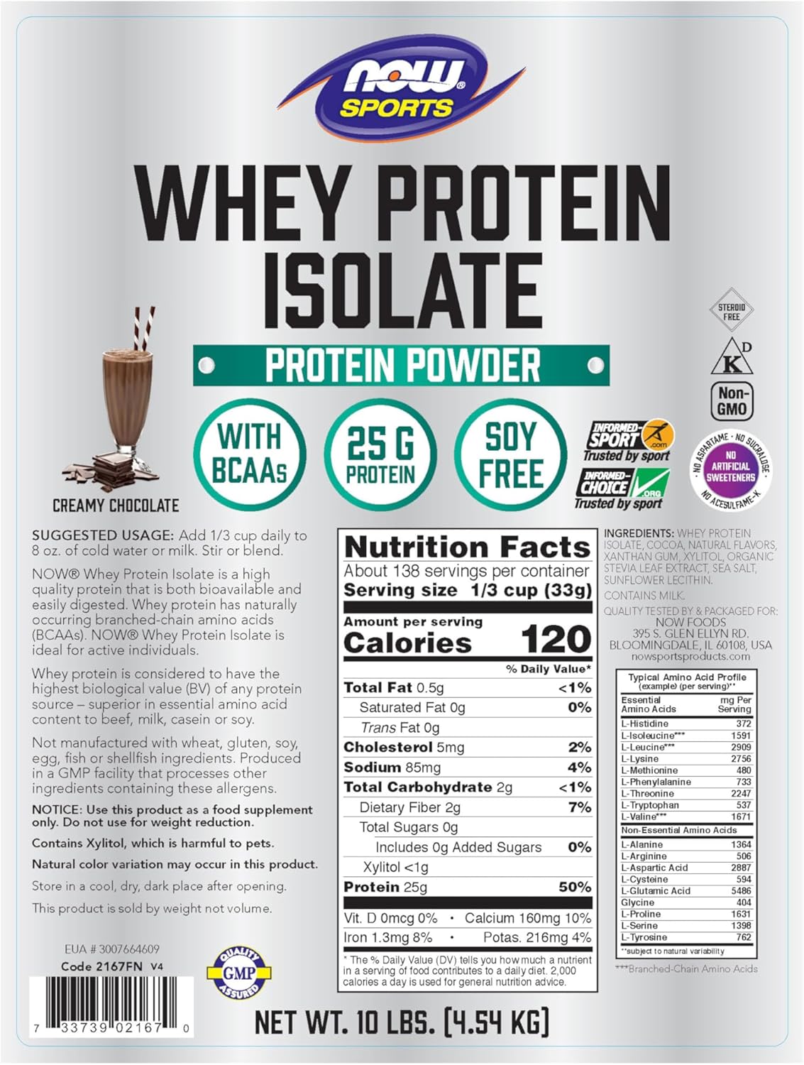 NOW Sports Nutrition, Whey Protein Isolate, 25 g With BCAAs, Creamy Chocolate Powder, 10-Pound