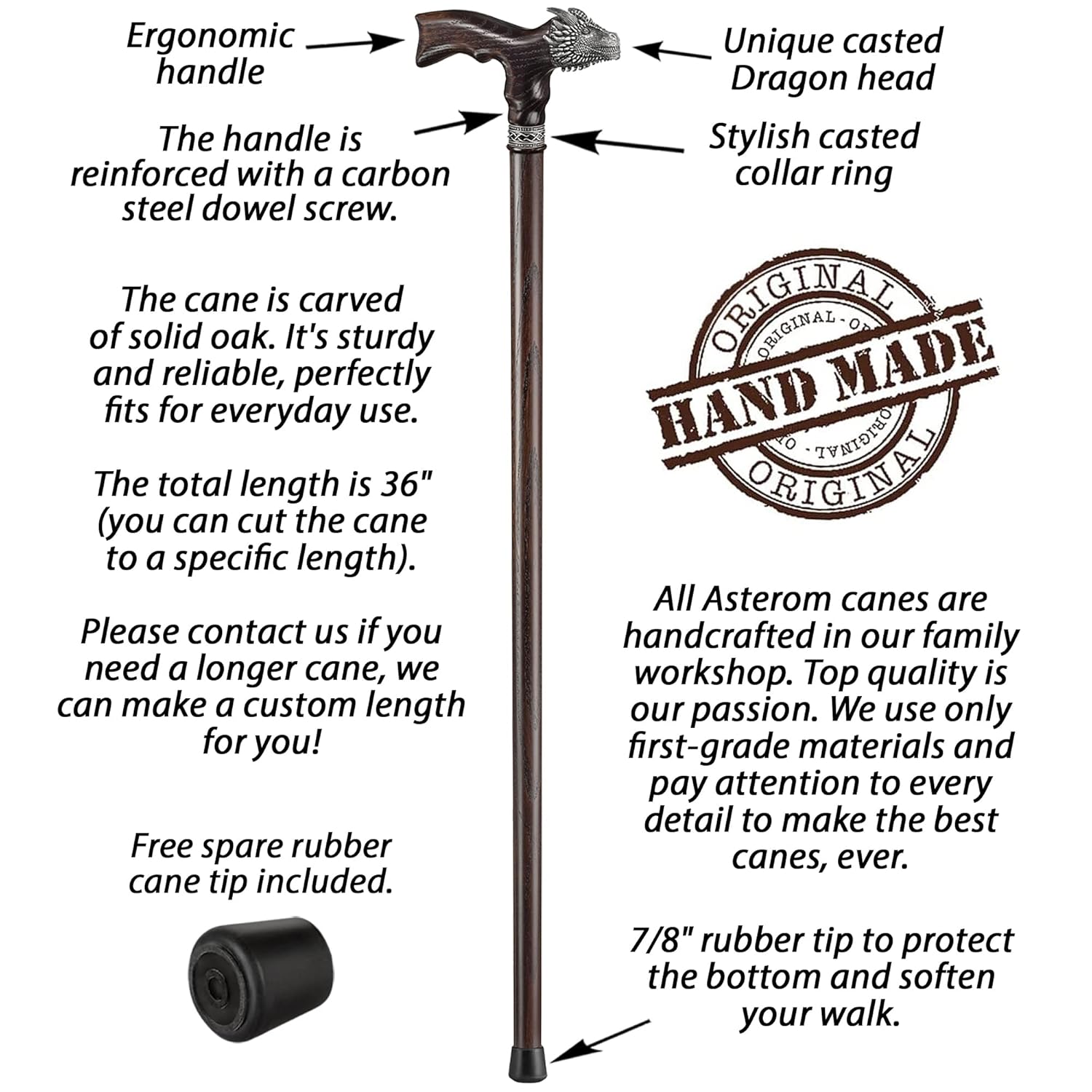Asterom Handmade Wooden Walking Cane for Men and Women - Dragon - Fashionable Walking Stick Unique Wood Cane