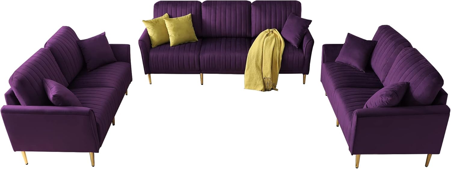 Ghislaine 3-Piece Sectional Sofa Set, Modern Velvet Upholstered Sofa Couch with Sturdy Metel Legs for Living Room, Apartment, 3-Seater Sofa + 2 Piece Loveseat Sofa, Purple