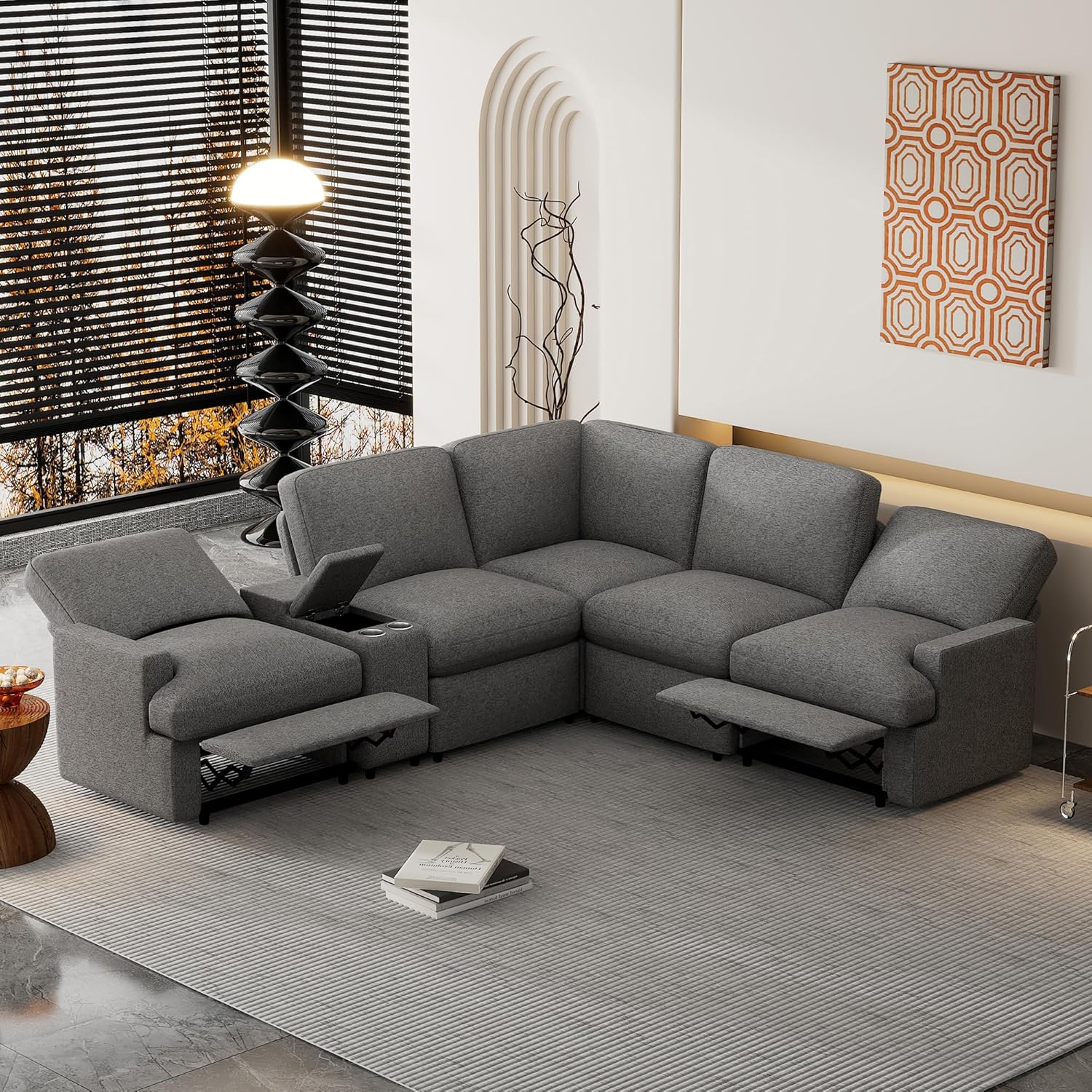 Merax 104'' L-shaped Power Recliner Sofa Couch, Modern Home Theater Reclining Sectional Corner Sofa with Storage Box, Cup Holders, USB Ports, and Power Socket for Living Room, Apartment, Dark Grey