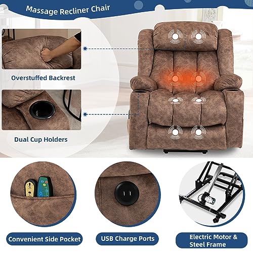 Large Electric Power Lift Recliner Chair with Extended Footrest for Elderly Big Man, Overstuffed Wide Massage Lounge Chairs with Heat, 2 Cup Holders, Side Pockets & USB Ports, Fabric Gray