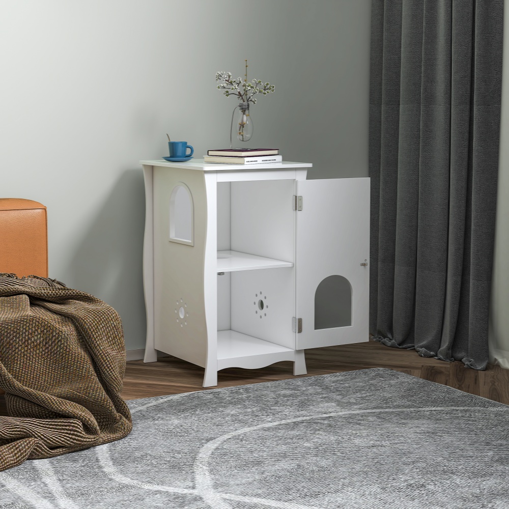 Jolly Jaunts Cat Litter Box Enclosure, 180 degree opening and closing 2 layers Wooden Hidden Litter Box Furniture with Vent Holes Cat House Side Table for Bedroom, Living Room, Small Pet, Kitten Kitty