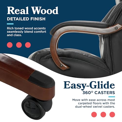La-Z-Boy Delano Big & Tall Executive Office Chair, Ergonomic Mid-Back Body Pillow Lumbar Support, ComfortCore Memory Foam Cushion, Mahogany Wood Arms & Swivel Base, Bonded Leather, Chestnut Brown