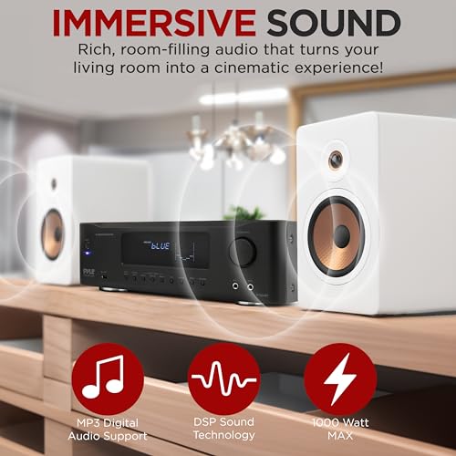 Pyle 5.2-Channel Hi-Fi Bluetooth Stereo Amplifier - 1000 Watt AV Home Speaker Subwoofer Sound Receiver w/ Radio, USB, RCA, HDMI, MIC IN, Wireless Streaming, Supports 4K UHD TV, 3D, Blu-Ray