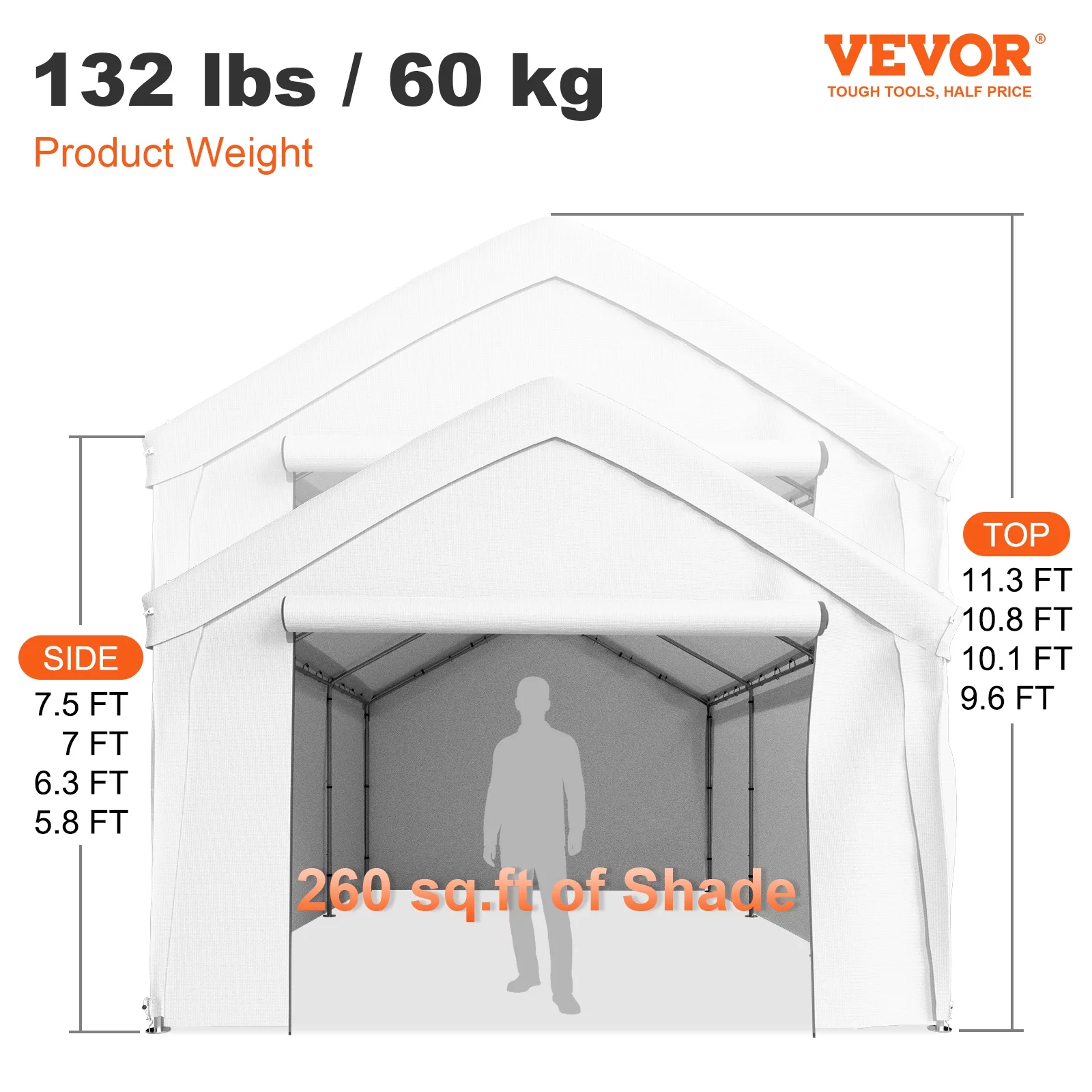 VEVOR Carport Car Canopy 13 x 20 ft, Heavy Duty Garage Shelter with 8 Legs and Removable Sidewalls, Car Garage Tent for Party, Birthday, Boat, Adjustable Peak Height from 9.6 ft to 11.3 ft, White
