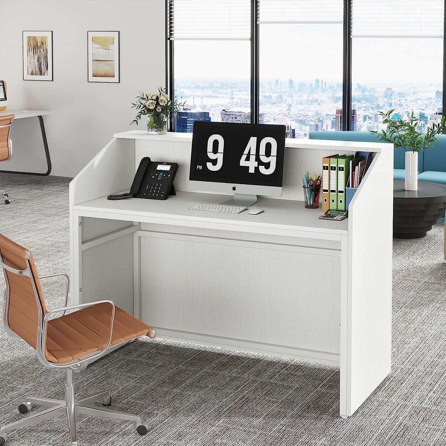 47 inch Reception Desk with Counter, Modern Front Desk, Retail Counter for Checkout, Lobby, Salon, White