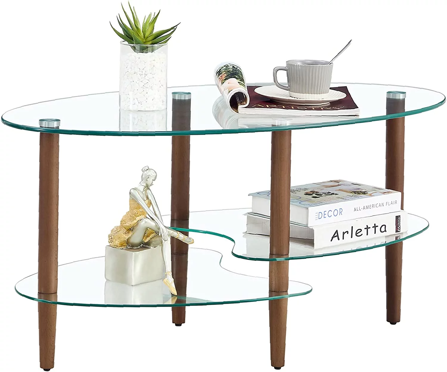 Glass Coffee Table  Oval Glass Coffee Table  Transparent Glass Coffee Table  Oak Wood Leg Tea Table  3-Layer Glass Table  Living Room   Suitable for Waiting Room  Living Room