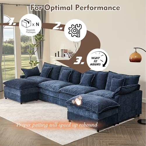 108" U Shaped Couch, Modular Sectional Sofa, 3-Seater Comfy Cloud Couch with Movable Ottoman, Deep Seat Couches for Living Room, Chenille, Black