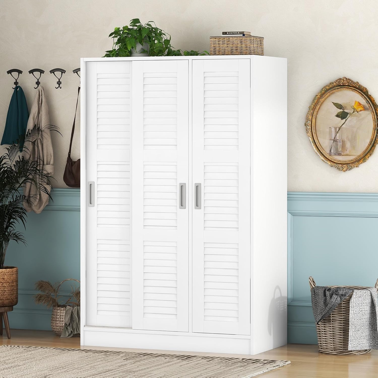 3 Doors Wardrobe Armoire Closet with Storage Shelves and Hanging Rail, Wood Shutter Bedroom Clothes Cabinet Organizer, White