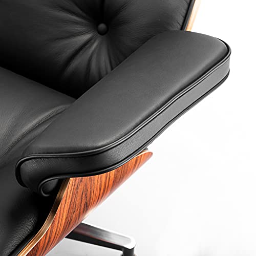 Mid Century Lounge Chair and Ottoman, Modern Chair Classic Design, Top Black Grain Leather Palisander Wood, Heavy Duty Base Support for Living Room Study Lounge Office