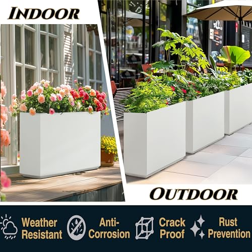 Metallic Heavy Outdoor Planter Box, Span Planter, Long and Tall Divider Planter, 38Lx10Wx30H, White, 48.8 Pounds