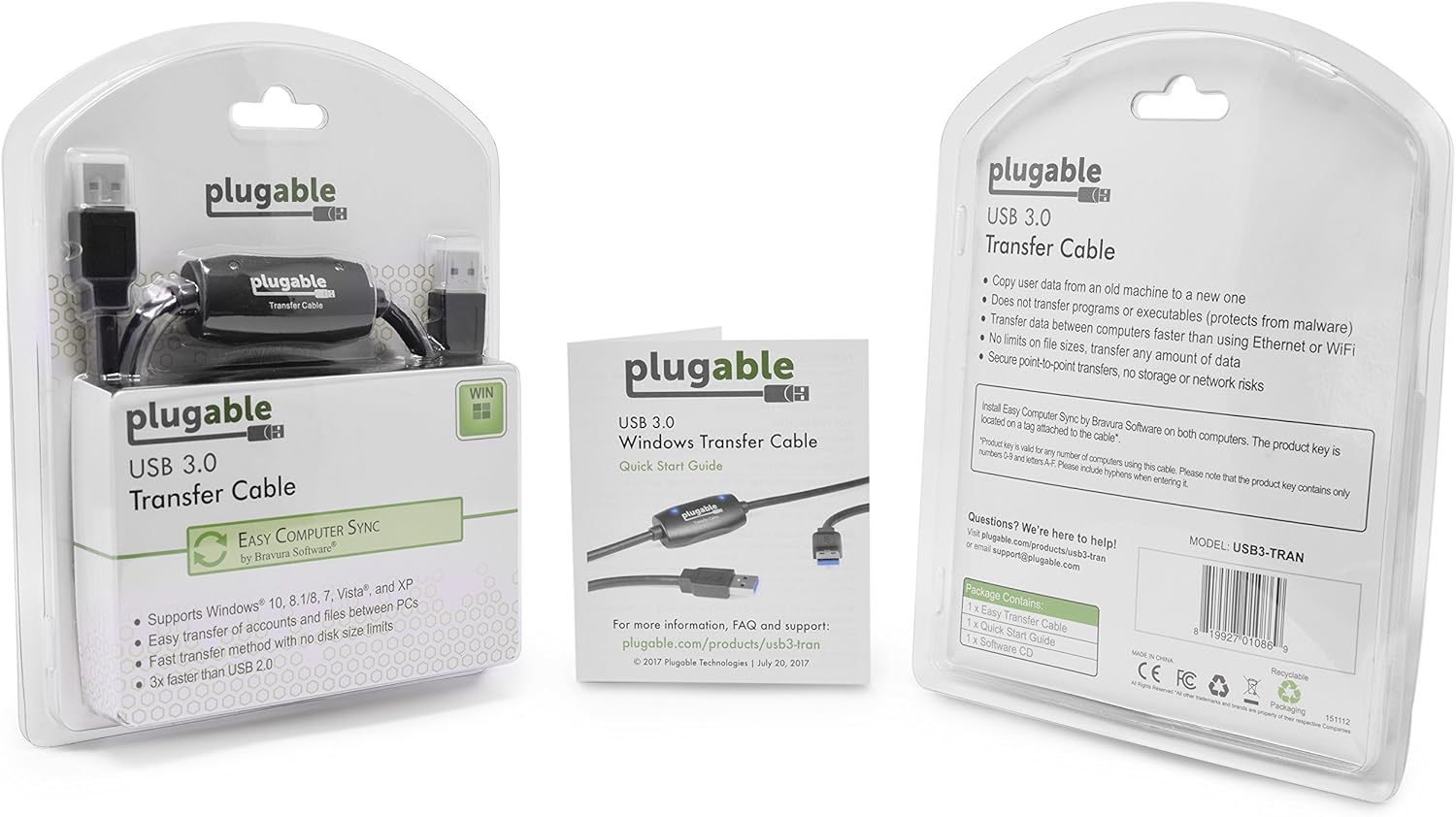 Plugable USB 3.0 Transfer Cable, Unlimited Use, Transfer Data Between 2 Windows PC's, Compatible with Windows 10, 8.1, 8, 7, Vista, XP, Bravura Easy Computer Sync Software Included