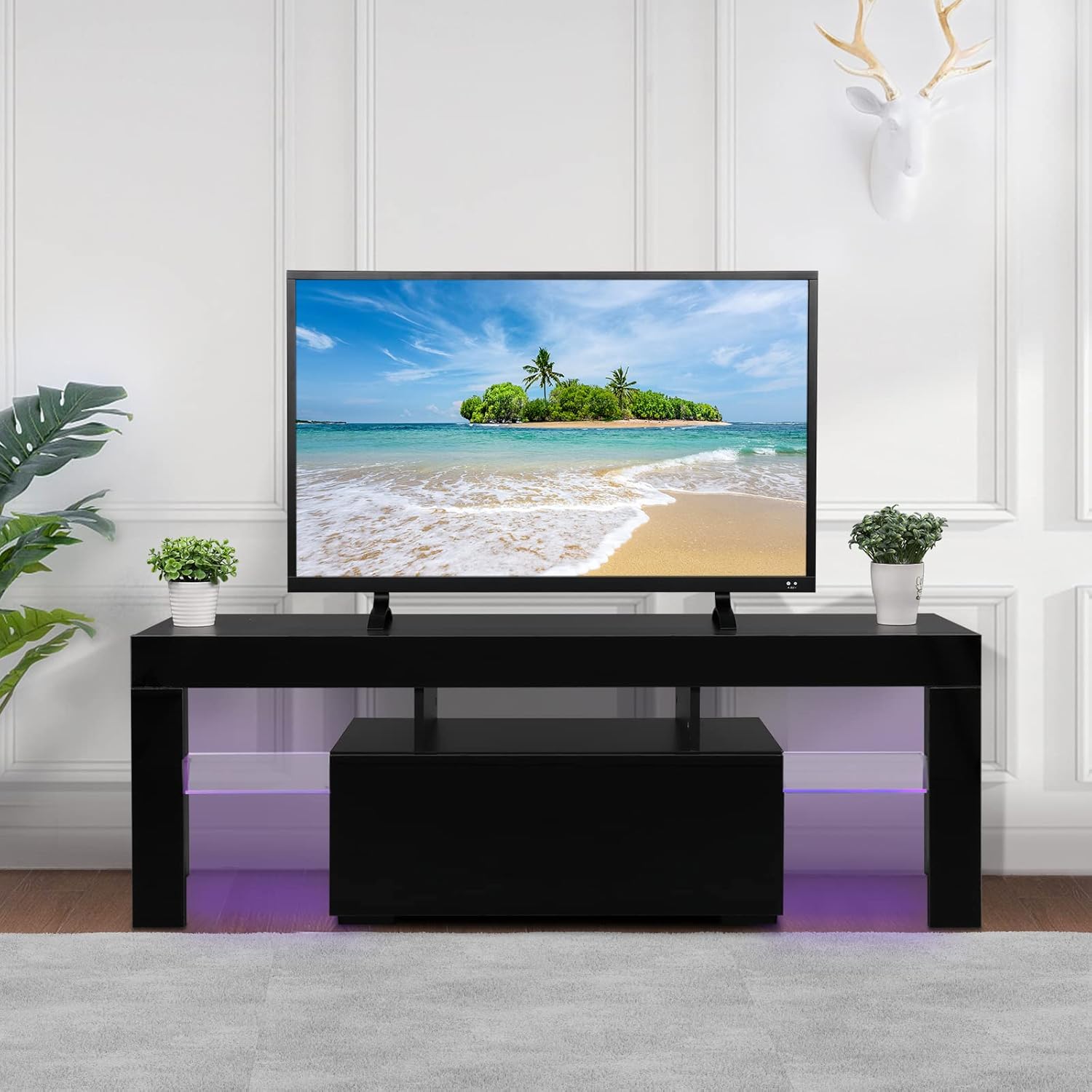 Bonnlo LED TV Stand for TVs Up to 55 Inch, Modern Entertainment Center with LED Lights and Storage for Living Room (Black, 51'' x 14'' x 18'')