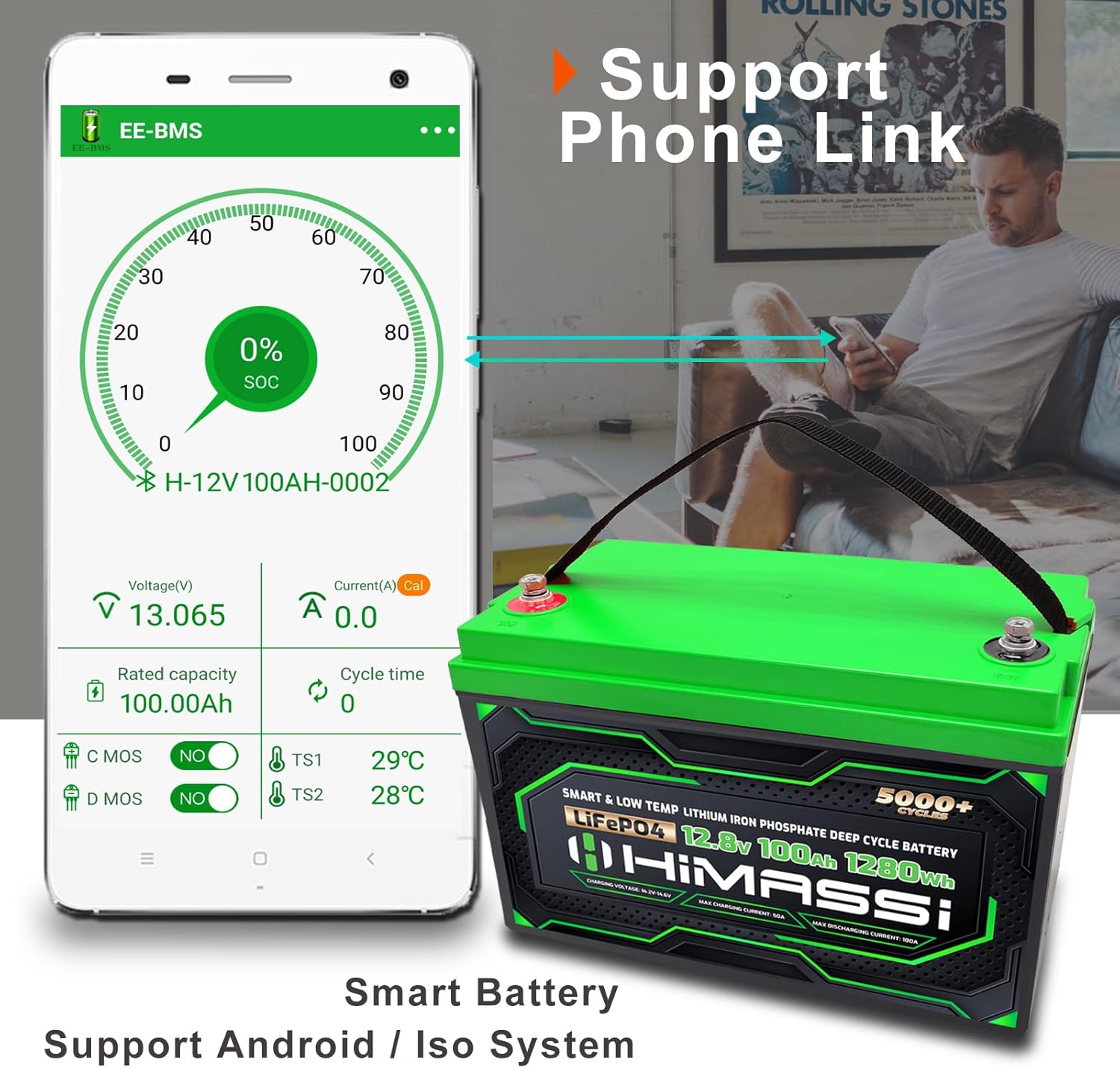 LiFePO4 Battery, 12V 400Ah Lithium Battery, Built-in 250A BMS, Lithium Ion Battery for Trolling Motor, Solar, Marine, RV Car, Camper, Home Storage, Off-Grid System