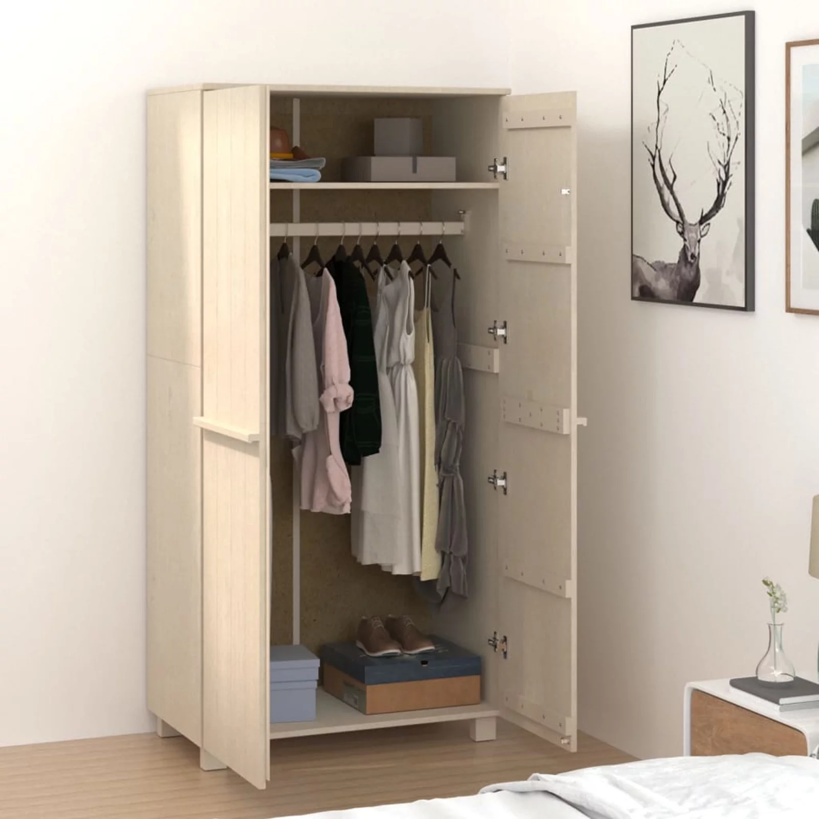 moobody Wardrobe with Storage Compartment and Hanging Rod, Pine Wood Clothes Organizer, Wooden Armoire Cabinet for Bedroom Home Furniture 39 x 17.7 x 70.9 Inches (W x D x H)