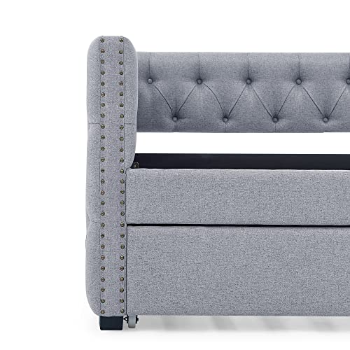Daybed with Trundle, Fabric Upholstered Twin Size Day Bed Button-Tufted Sofa Daybed Frame Twin Roll-Out Trundle, No Box Spring Needed, Furniture for Bedroom, Living Room, Guest Room