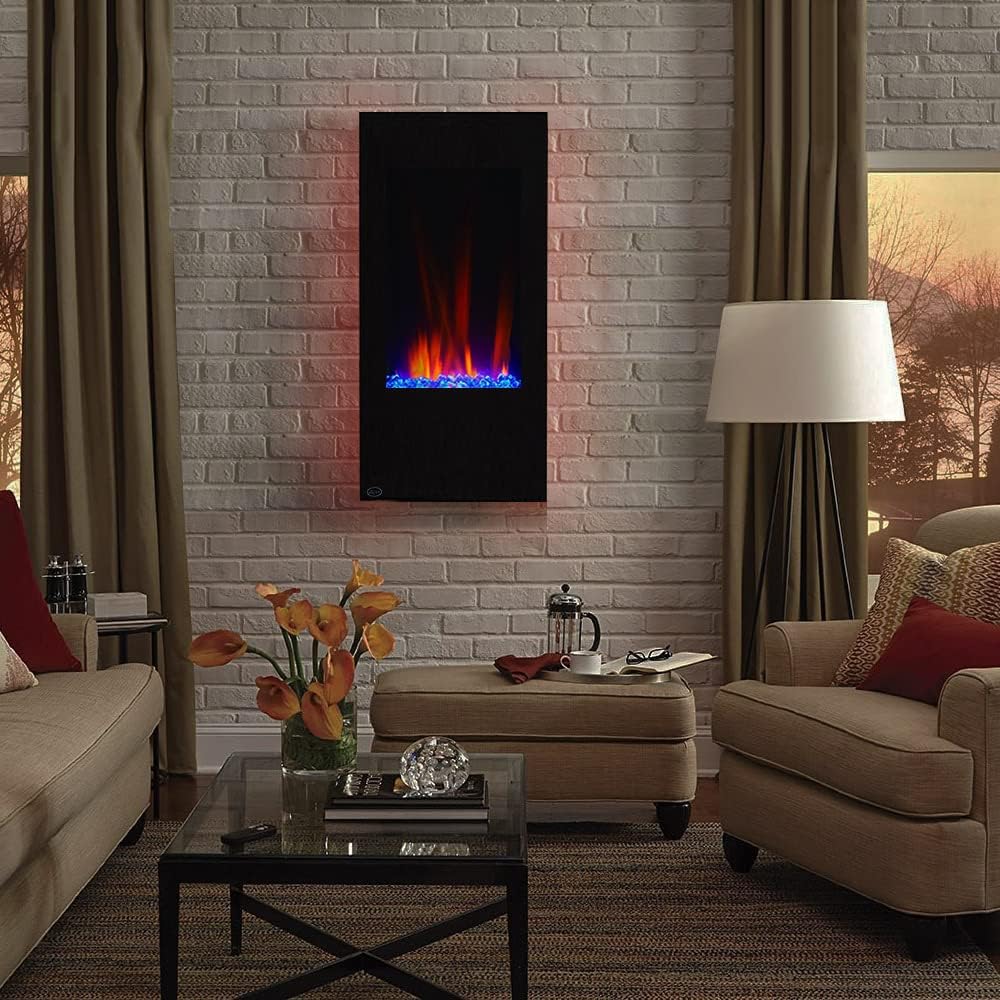 Clevr 32" Vertical Wall Mounted Electric Fireplace Heater, with Adjustable Flame and Back Light Colors, Modern Black Electric Heater with Decorative Crystals, with Remote Control, 750-1500W