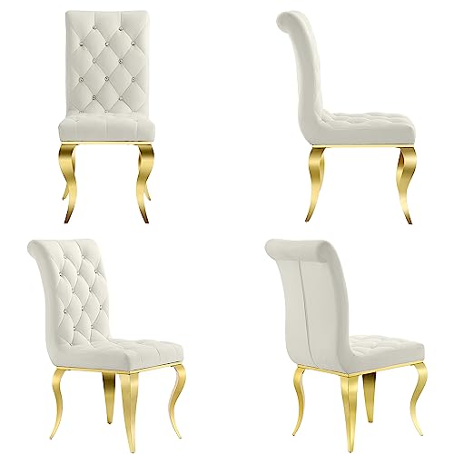 7 Pieces Dining Table Set, Gold Kitchen and Dining Room Sets for 6 with White Texture Top Dining Table and 6 White Velvet Dining Chairs