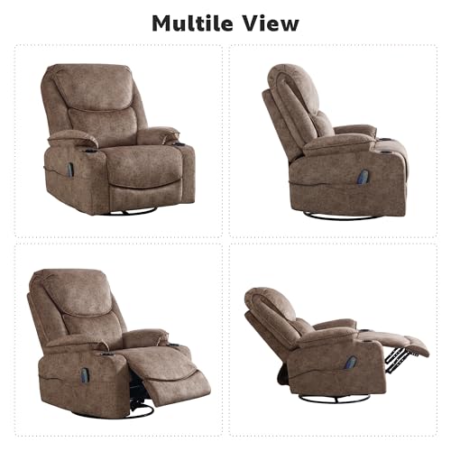 Swivel Rocker Recliner Chair, Power Reclining Chair Breathable Leather Recliner for Adults with Cup Holders and USB Port, Oversized Glider Rocking Recliner for Living Room, Dark Brown