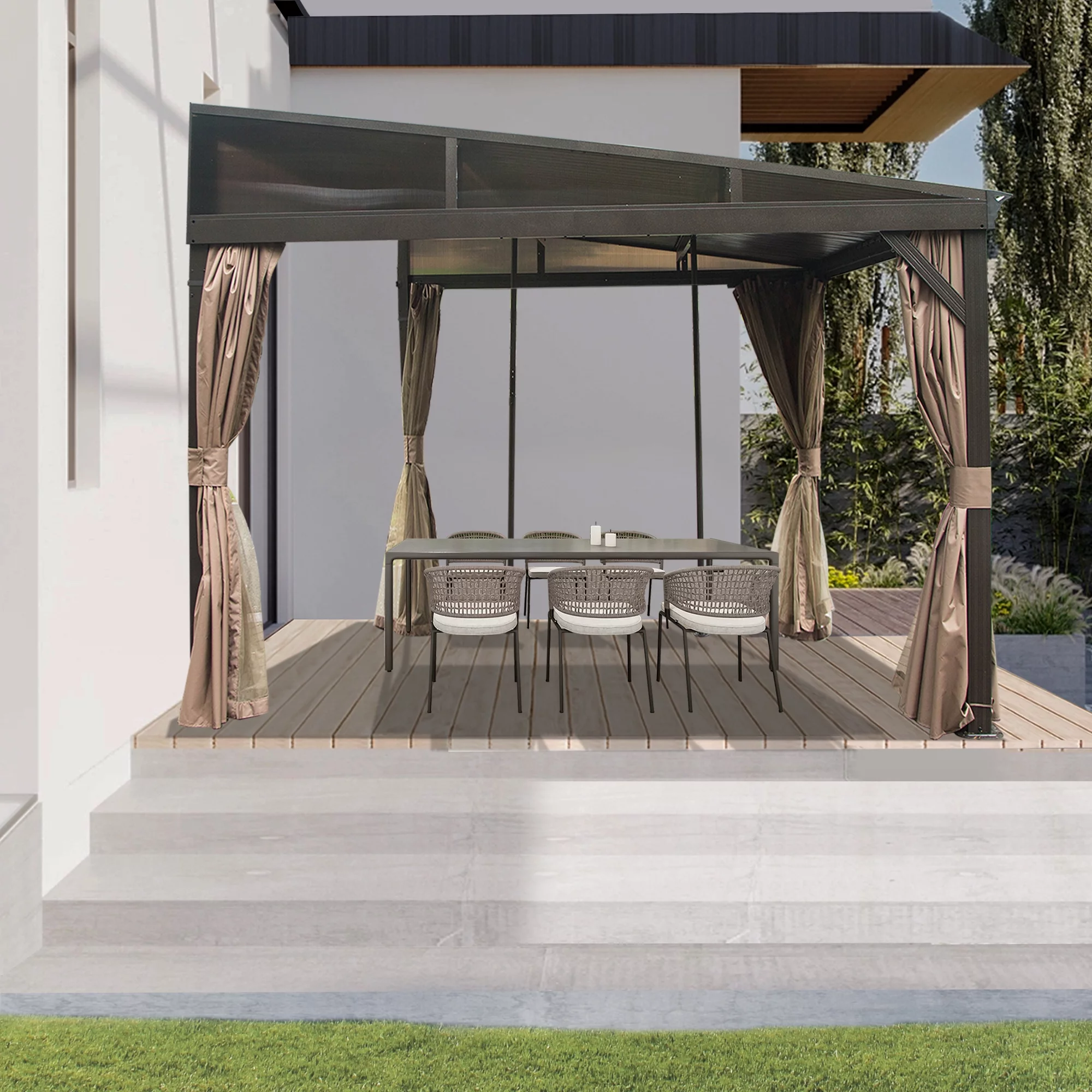 Domi 10x12FT Lean to Gazebo, Hardtop Wall Mounted Gazebo with Sloping Galvanized Steel Roof, Wall Pergola with Aluminum Frame, Curtains and Netting, for Patio, Deck, Garden, Backyard