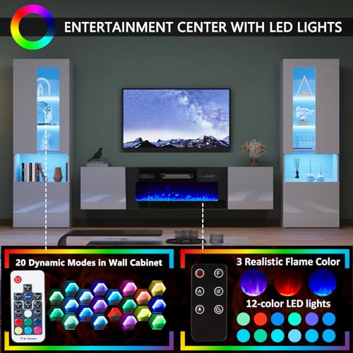 AMERLIFE High Gloss Living Room Entertainment Center with LED Lights, Including Floating Fireplace TV Stand with 40" Electric Fireplace & 2 Bookcases with Glass Doors, All White