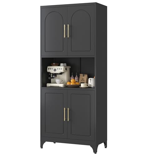 Kitchen Pantry Cabinet with Acrylic Glass Doors, 75" Metal Kitchen Hutch with Countertop, Adjustable Shelves, Freestanding Food Pantry Cabinet for Living, Dining Room, Black, Assembly Required