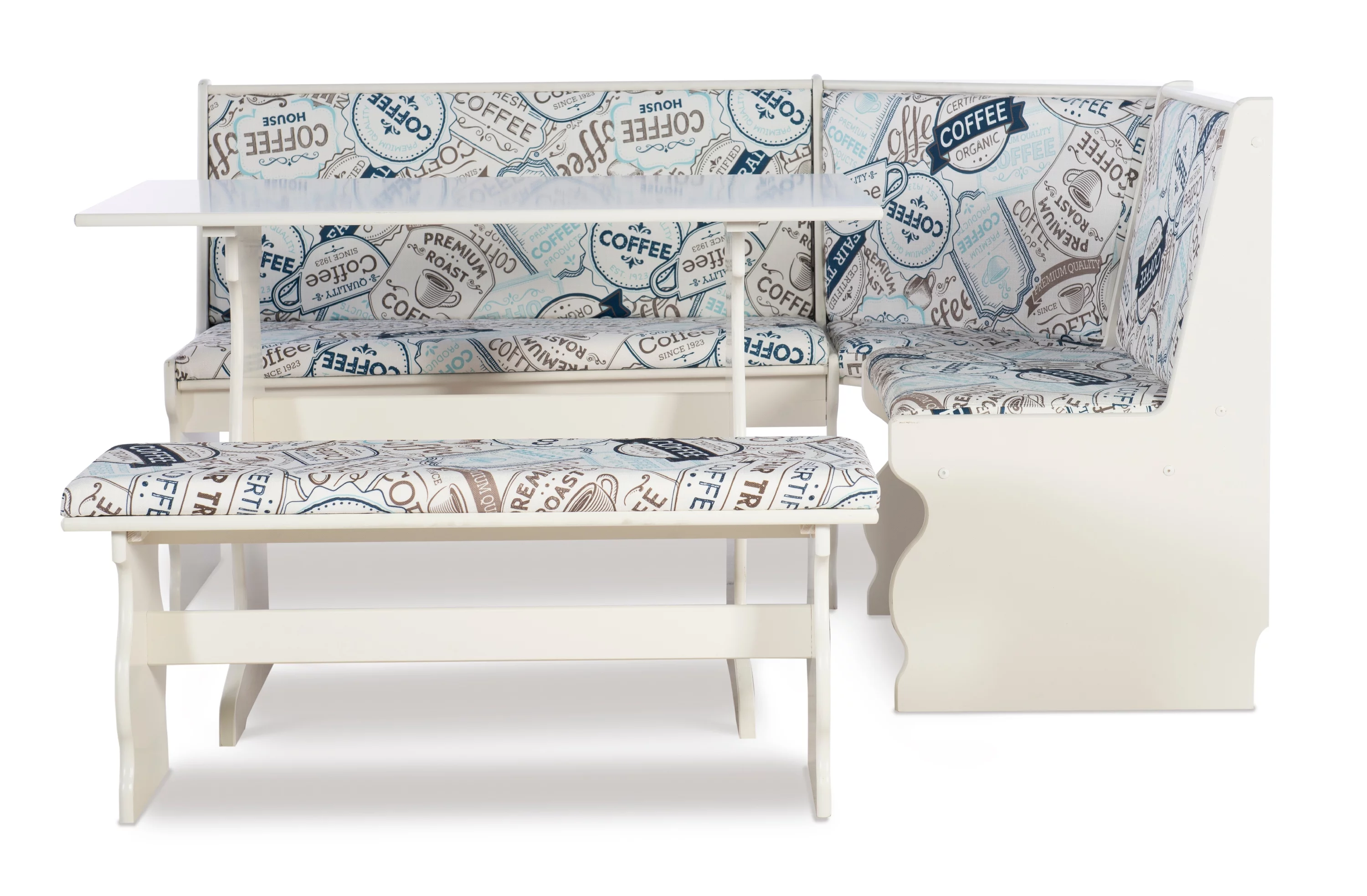 Linon Weston Corner Dining Breakfast Nook with Table and Bench, Seats 5-6, White Finish with Coffee Patterned Fabric