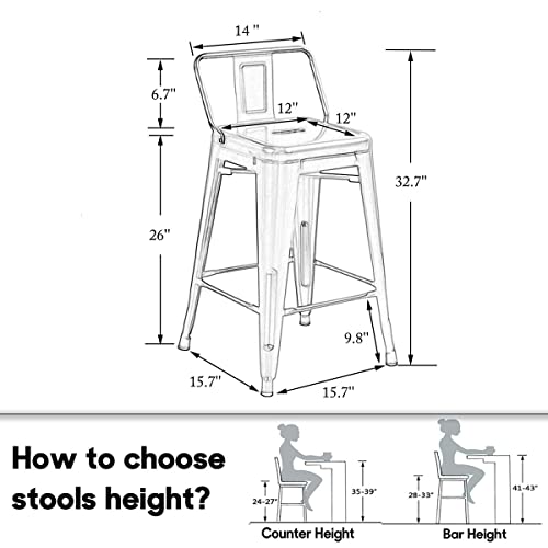HAOBO Home 26" Low Back Metal Counter Stool Height Bar Stools [Set of 4] for Indoor/Outdoor Barstools, Matte Black