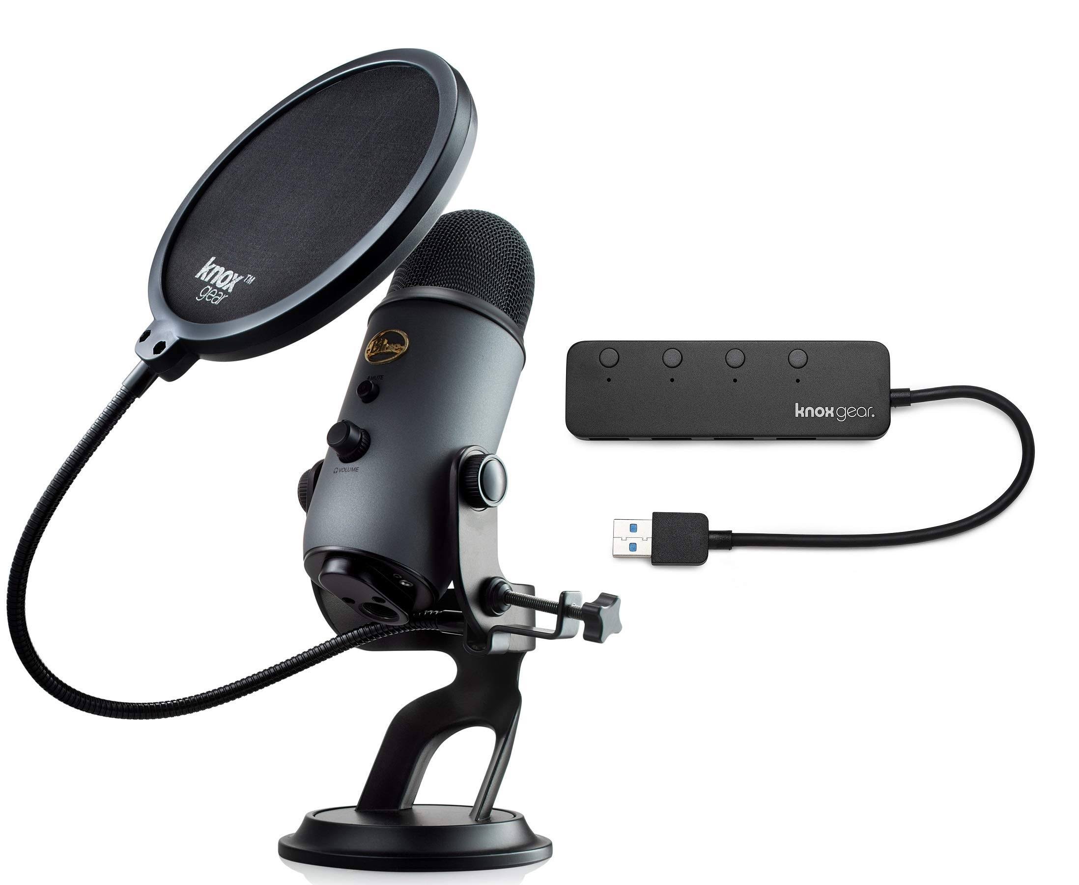 Blue Yeti Slate USB Mic with Knox Gear USB Hub and Knox Pop Filter
