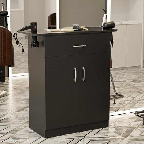 Wall Mount Salon Storage Station Barber Cabinet with Drawer and 2 doors, Hair Stylist Station with 6 Hair Dryer Holders, Beauty Styling Station Organizer Equipment(Black)
