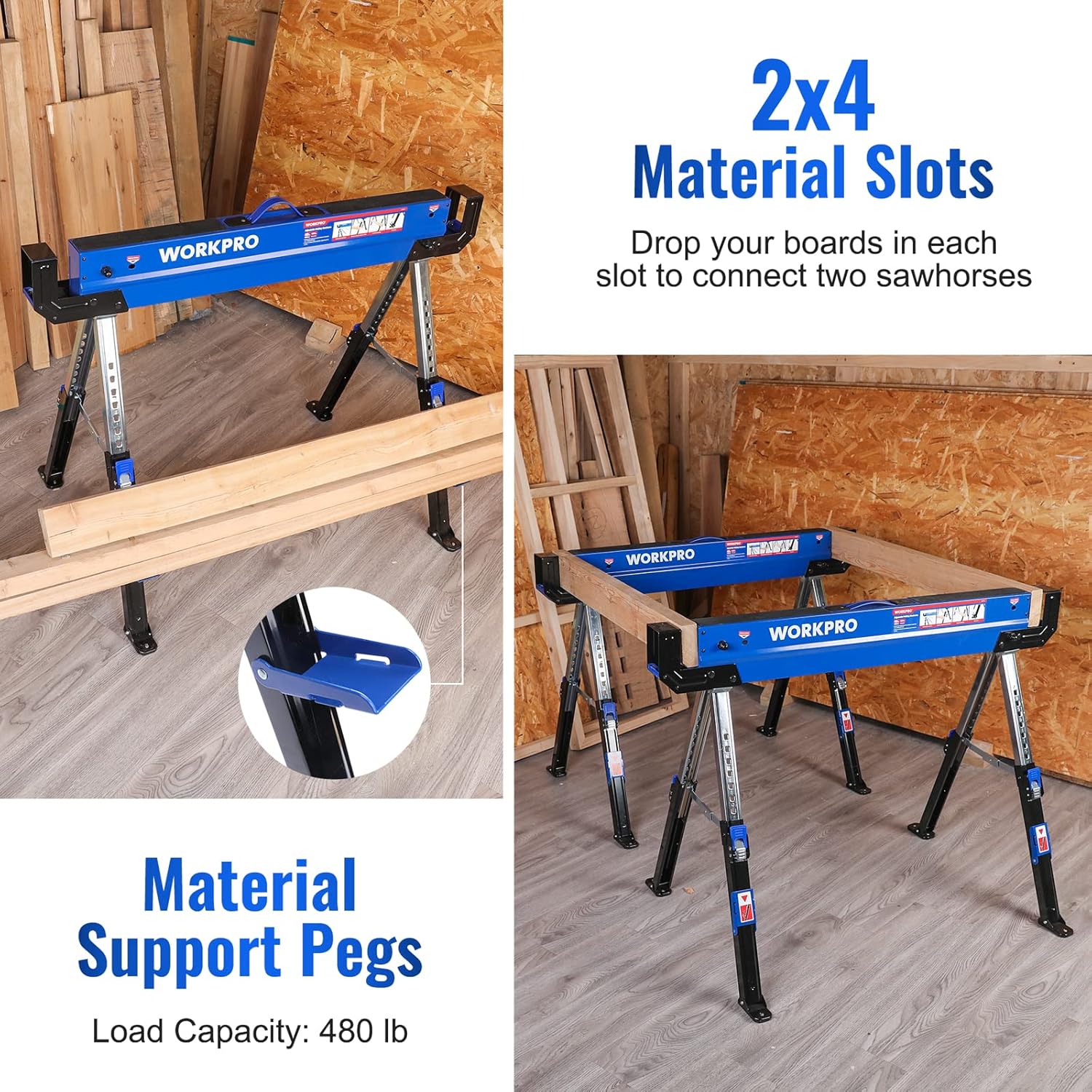 WORKPRO Folding Sawhorse, 2-Pack Adjustable Heavy Duty Saw horse with 2x4 Support Arms, 3000 lbs Load Capacity, 24-32 inch Height Adjustable Legs, Pivoting Feet & Support Pegs