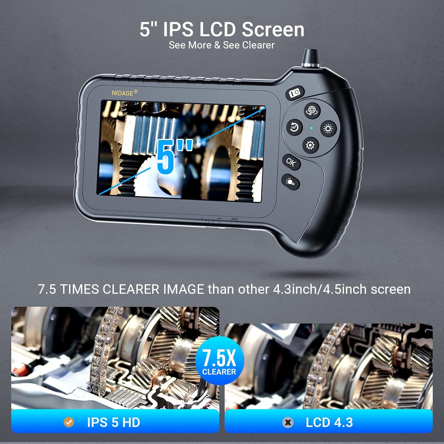 Triple Lens Endoscope Inspection Camera with 5'' IPS Screen NIDAGE 1080P Industrial Snake Camera with 11.5FT Waterproof Flexible Cable 8 LEDs 32GB Card Toolbox, Automotive Borescope Drain Pipe Camera