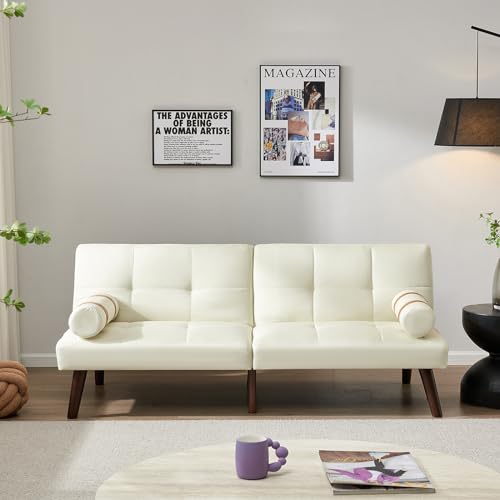 Convertible Sofa Bed Futon Linen Sleeper Couch with Adjustable Backrests Soild Wood Legs for Bedroom Living Room White