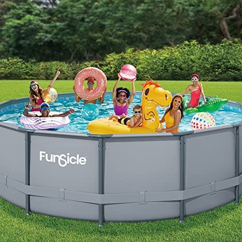 Funsicle 14' x 42" Oasis Designer Round Frame Above Ground Outdoor Swimming Pool Set with SkimmerPlus Filter Pump, Ladder, and Pool Cover, Gray