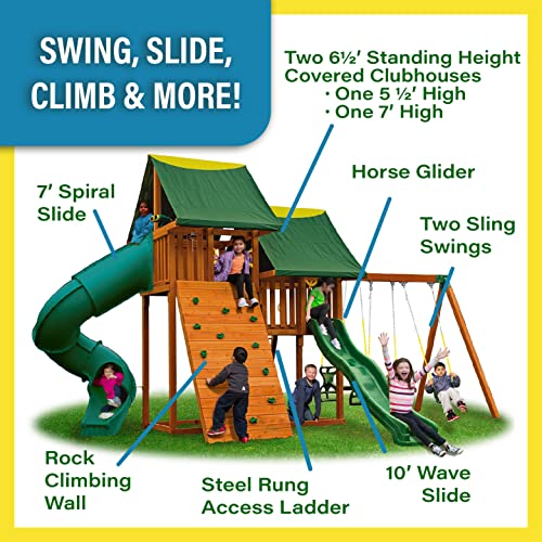 Sky Solid Cedar Wood Swing Set | Jungle Gym with Clubhouses, Rock Wall, Spiral Slide, Bottom Clubhouse, Wooden Step Ladder, Swings, and Accessories | Easy Assembly | Kids Playhouse | 1,250lbs - #5