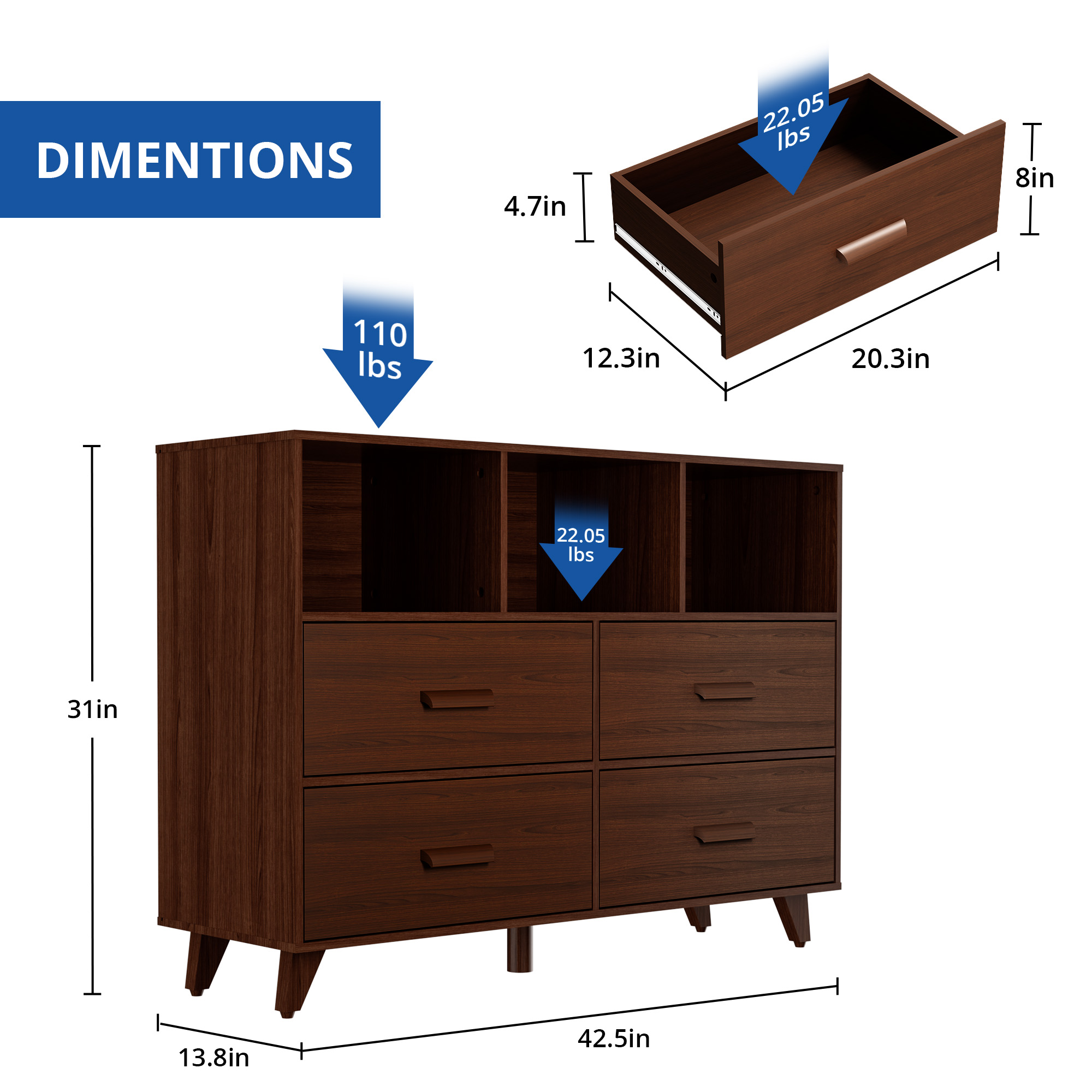 Cozy Castle Dresser Chest for Bedroom, 4 Drawers Chest with 3 Open Shelves, Wood Dresser Drawer Organizers for Kids Bedroom, Mid-Century Modern Dresser for Bedroom, Living Room, White and Brown