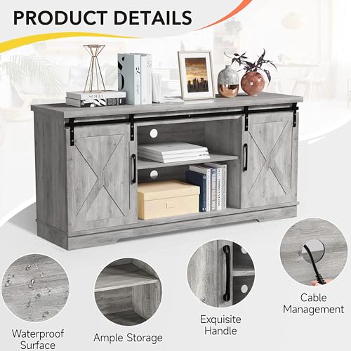 IDEALHOUSE Gray Barn Door TV Stand, Farmhouse Entertainment Center for 65 Inch TV, Modern Cabinet with Storage and Shelves, Livingroom