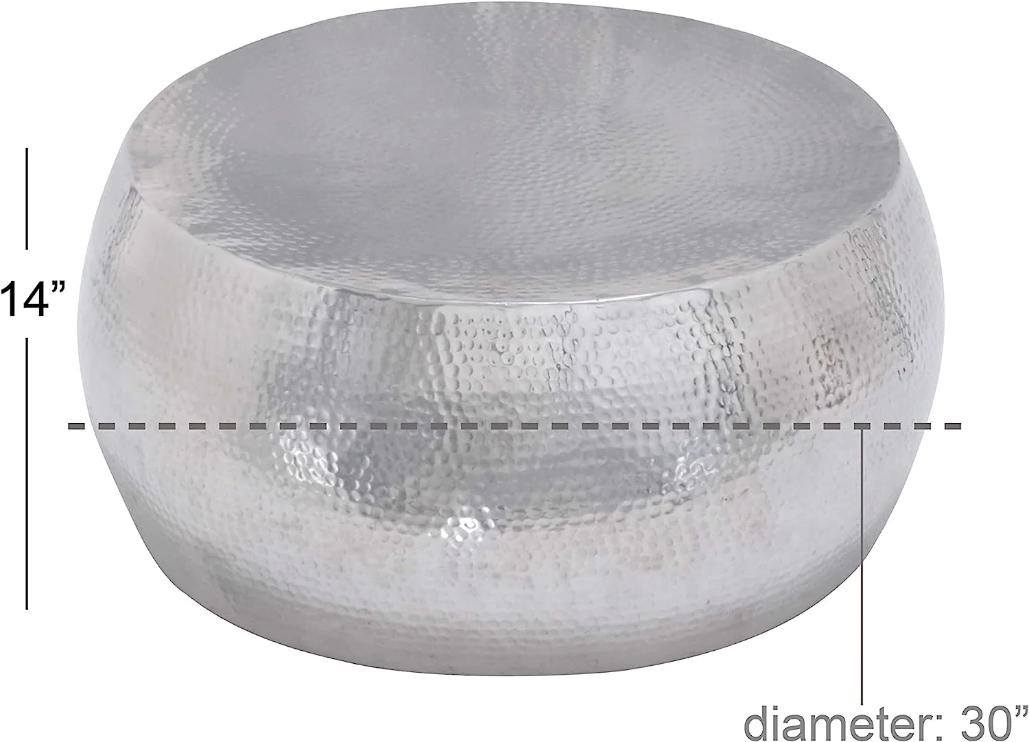 79 Aluminum Drum Shaped Coffee Table with Hammered Design  30" x 30" x 14"  Silver