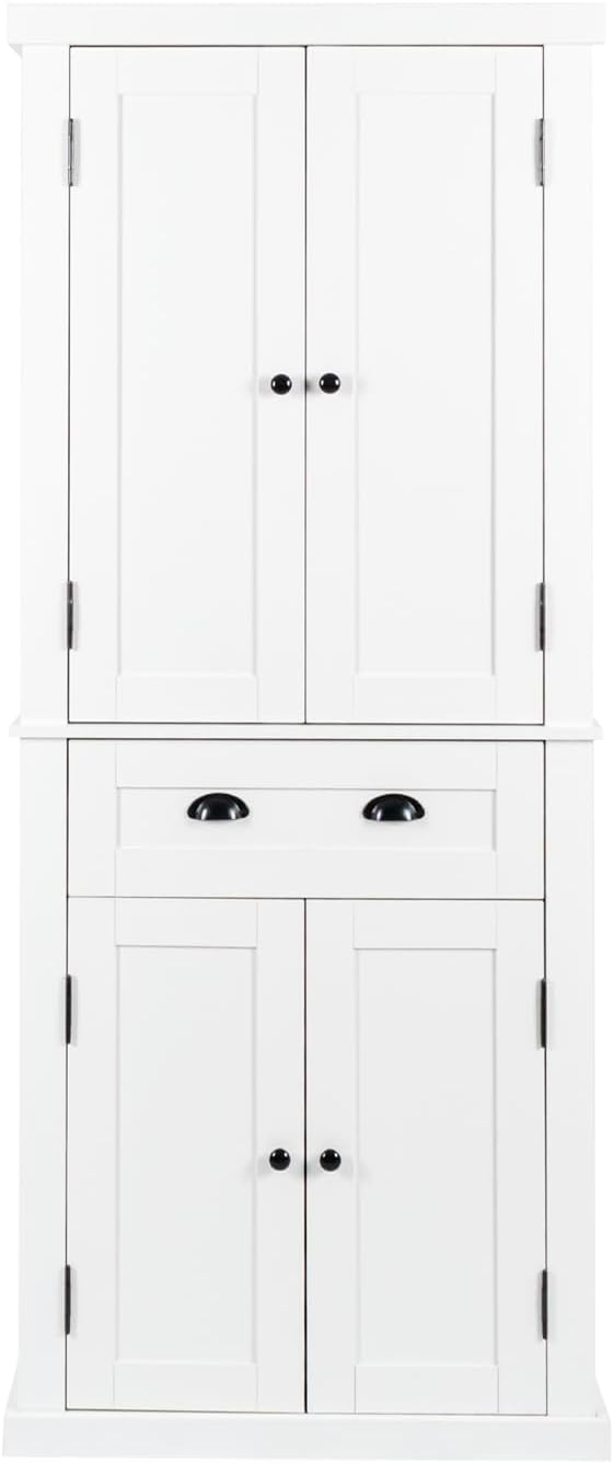 72" Kitchen Pantry Storage Cabinet, Traditional Freestanding Cupboard with 4 Doors and Adjustable Shelves, Large Central Drawer, Dining Room Storage Cabinet, White